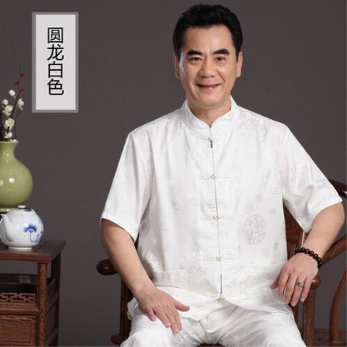 Setelan Tang pria paruh baya dan lansia setelan pria lengan pendek kemeja musim panas ayah kemeja mu