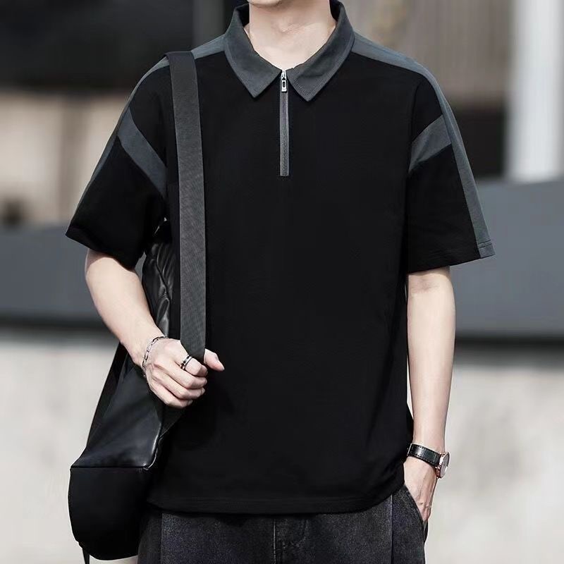 Half zip Polo shirt, men's short sleeved summer trendy brand high-end patchwork lapel, half sleeved 
