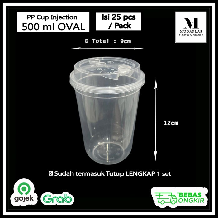 PP Cup Injection 16 Oz 500 ml Gelas Plastik Boba isi 25 pcs + Lid Cap - Oval, Tutup Sambung