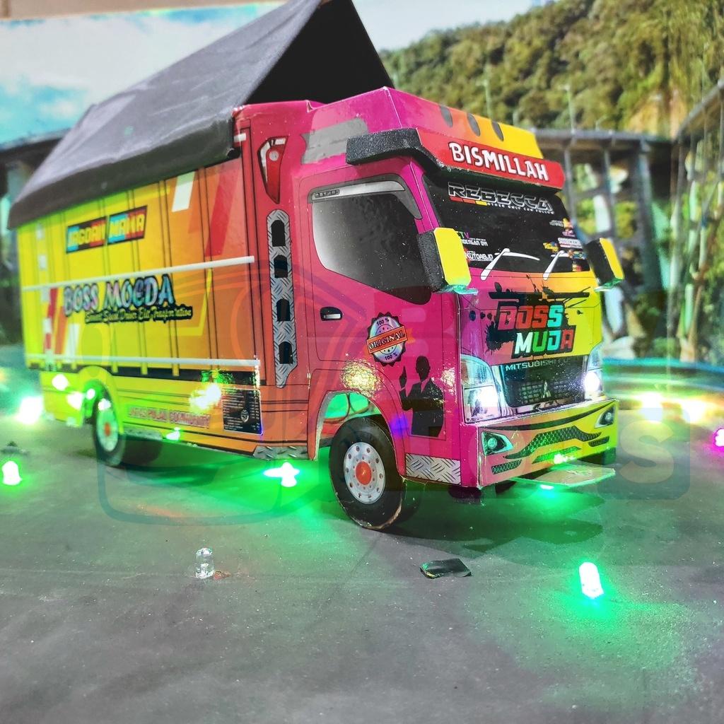 Truk Oleng Miniatur Kayu Asli  Full Variasi Bos Muda Lampu Kelap Kelip Terpal Roda Kayu Mainan Anak 