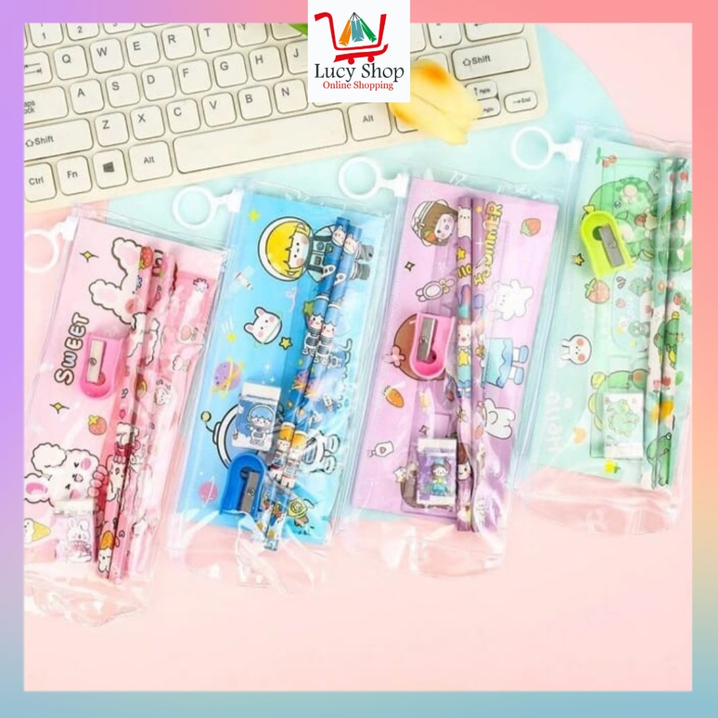 

Alat Tulis Stationery Set Pouch Pensil Penghapus Penggaris Rautan Karakter Lucu 5 in 1