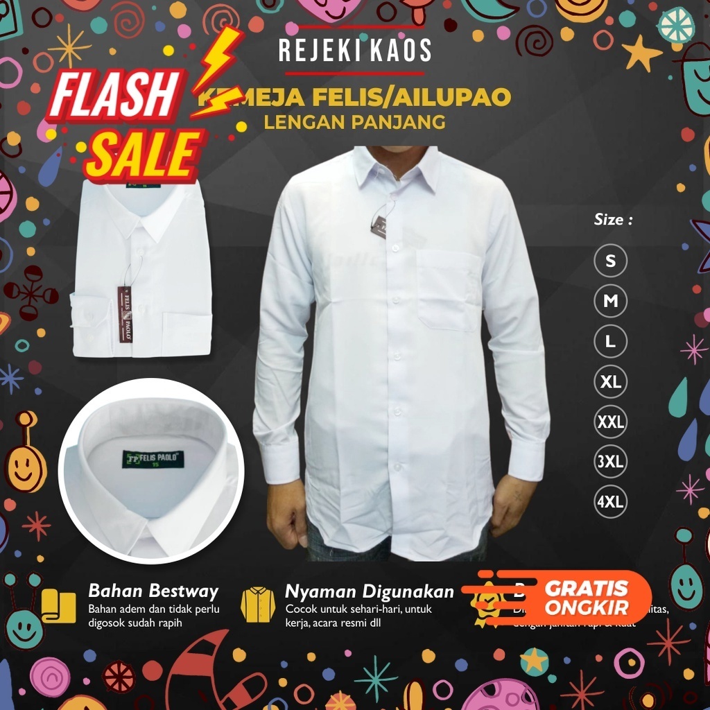 MEGASALE / Kemeja Kantor Pria Felis Paolo Ailupao Putih Formal Lengan Panjang Polos