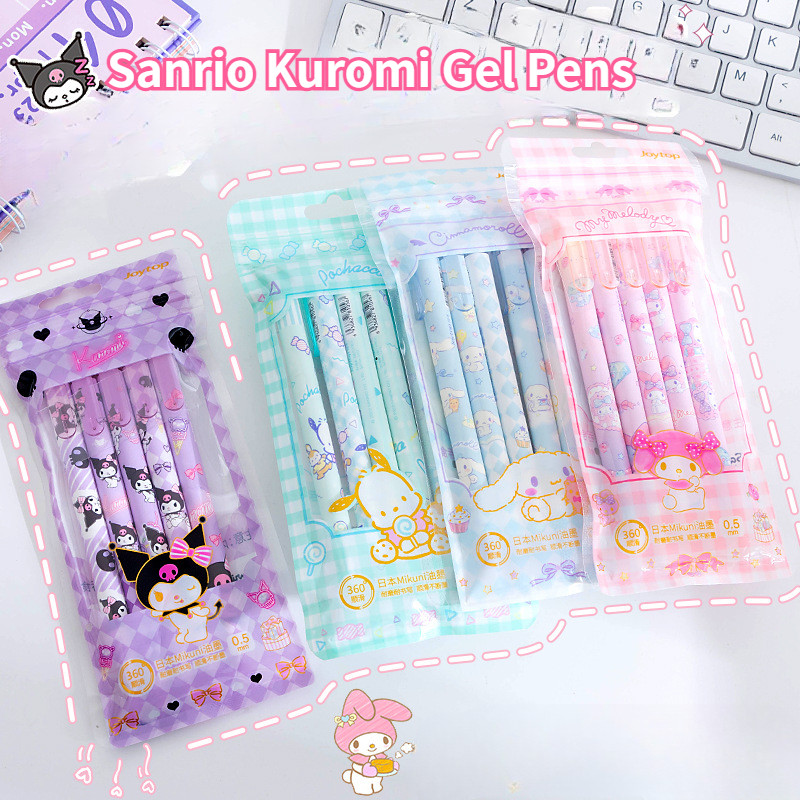 

Sanrio 5Pcs Gel Pens Melody Cartoon Kuromi Cinnamoroll ST Quick Drying Black 0.5mm Press The Ballpoint Pen Learning Stationery