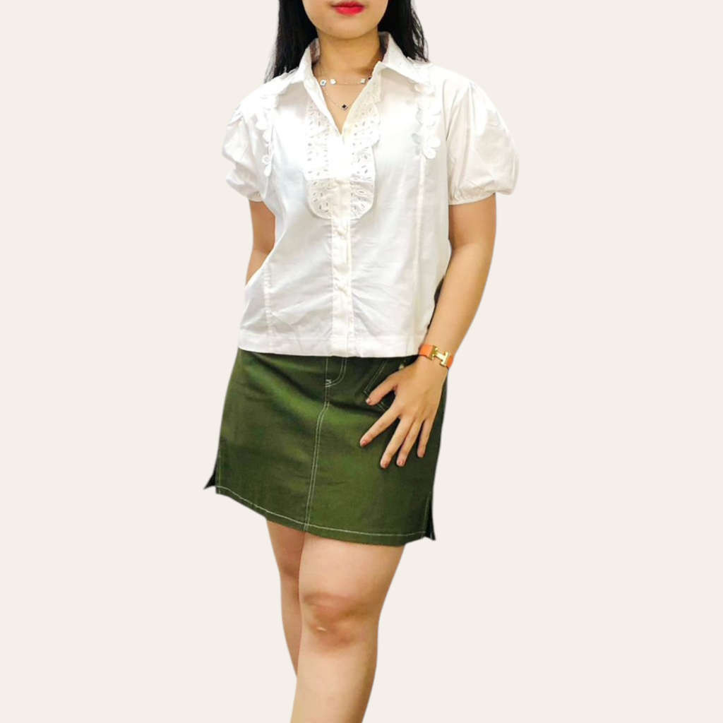 226300 | Kemeja Katun Kombinasi Brokat Lengan Pendek Red White