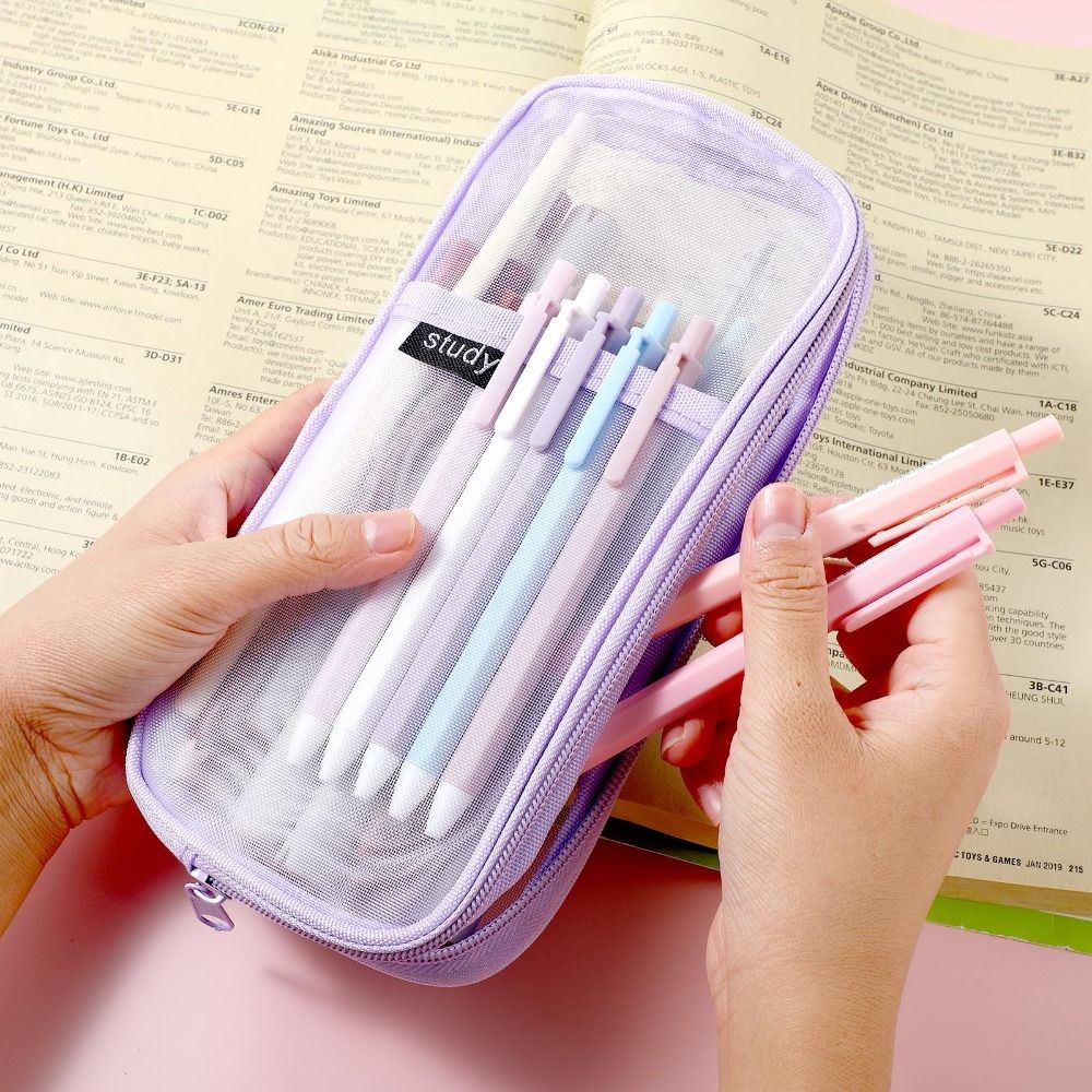 

1PC Girls Kawaii Cute Mesh Pens Pouch Transparent Pencil Case Simple Aesthetic Bag Organizer Office School Supplies Stationary