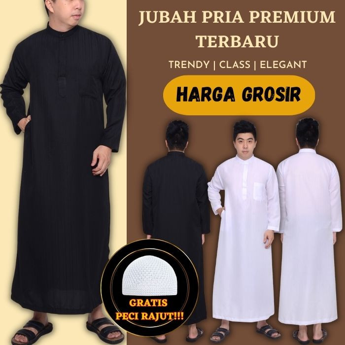 [HOT NEW] Jubah Gamis Pria Dewasa Remaja Lengan Panjang Warna Hitam Putih Polos Bahan Dobby Premium 