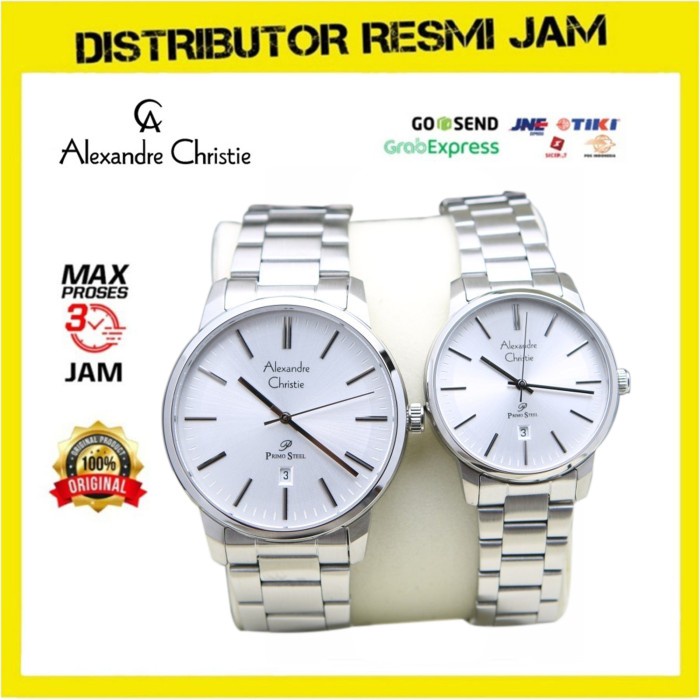 Jam Tangan Couple Alexandre Christie AC 1030 Silver White Rantai