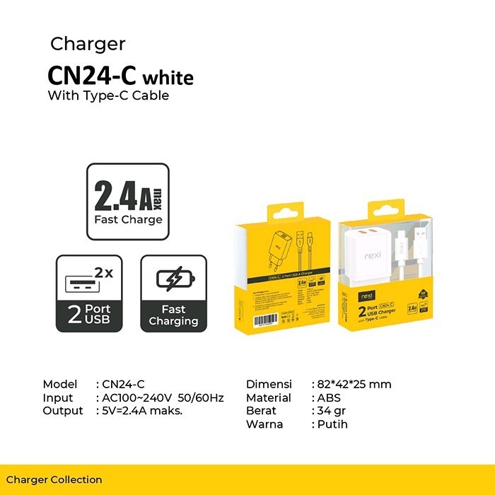 Charger Rexi CN24-C Dual Port USB with Type-C Cable
