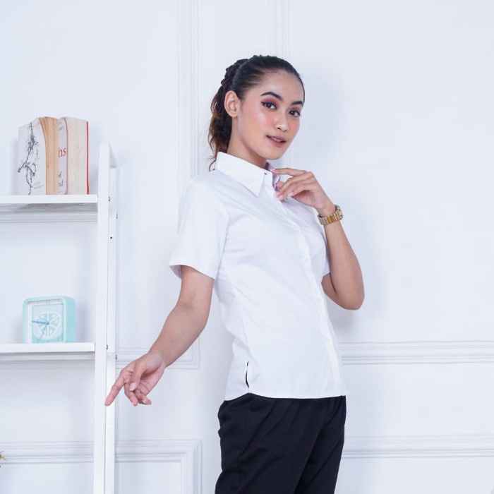 kemeja wanita putih polos lengan pendek - Putih, S