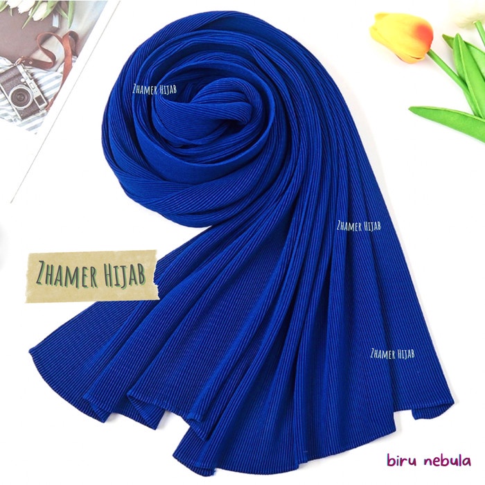 ✨LARIS✨ -Pashmina Plisket Full Premium Pasmina Kerudung Jilbab Hijab Ceruty - Biru Nebula