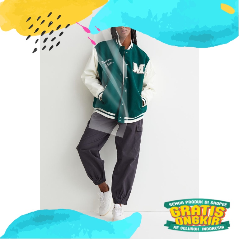 Jaket Baseball Varsity HM jacket Hijau Lengan Kulit Jacket Baseball pria wanita/Blue