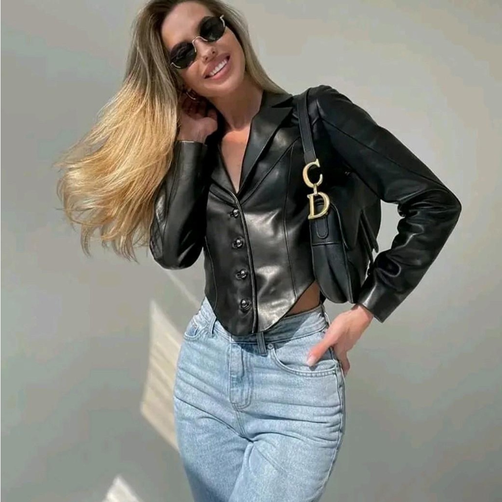 Jaket kulit Wanita Crop V Korean Hijab Top Leather Outfit Mafia Mamba Konser Mall Motoran Terbaru hi