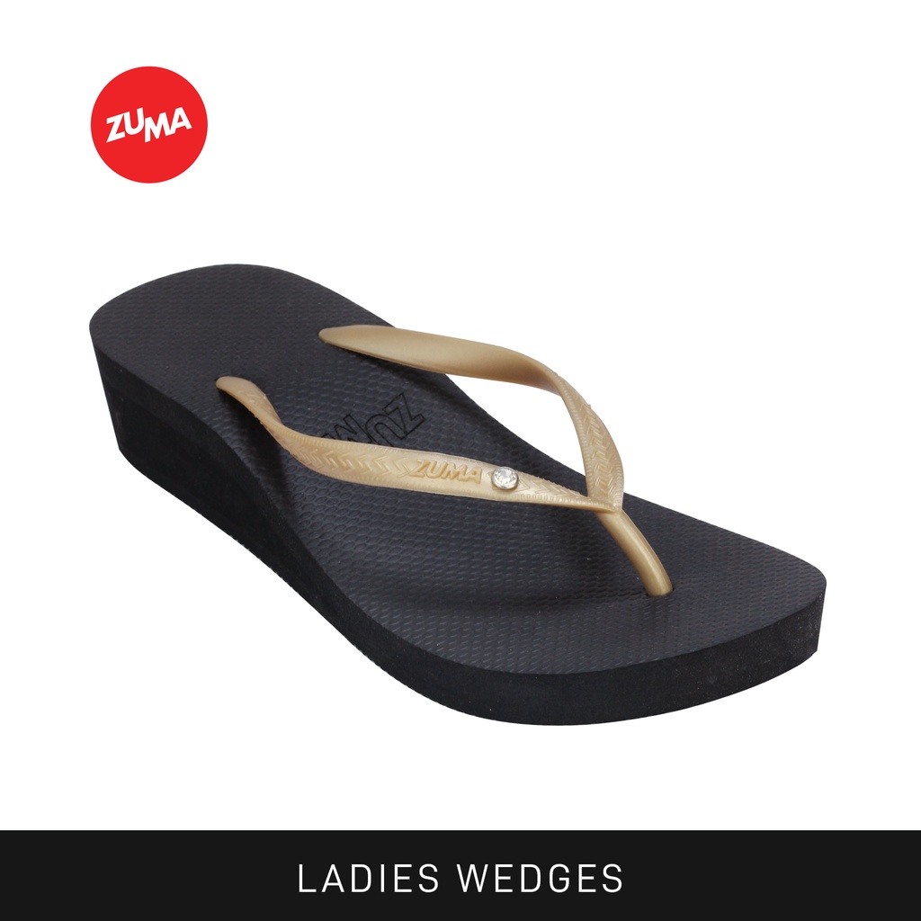 Zuma Women Tiffany 1 Black Gold, Sandal Jepit Wanita Wedges Karet Polos, Hitam Emas
