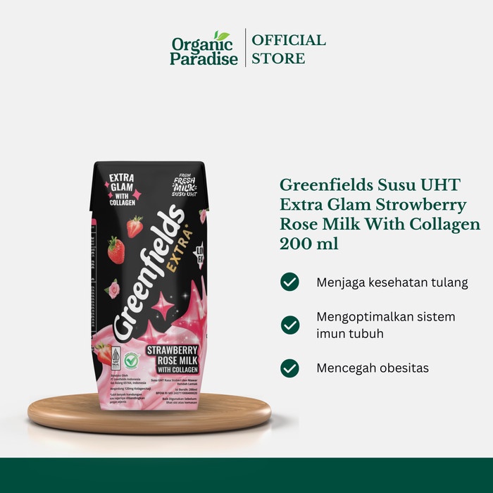 

Susu Greenfields UHT Extra Glam Strowberry Rose Milk With Collagen 200
