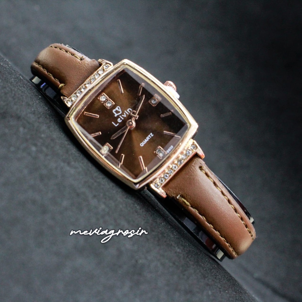 Jam Tangan Wanita Analog LEIVIN Fashion Watch Original LV-B609 Tali Kulit Folded Glass Model Korean 