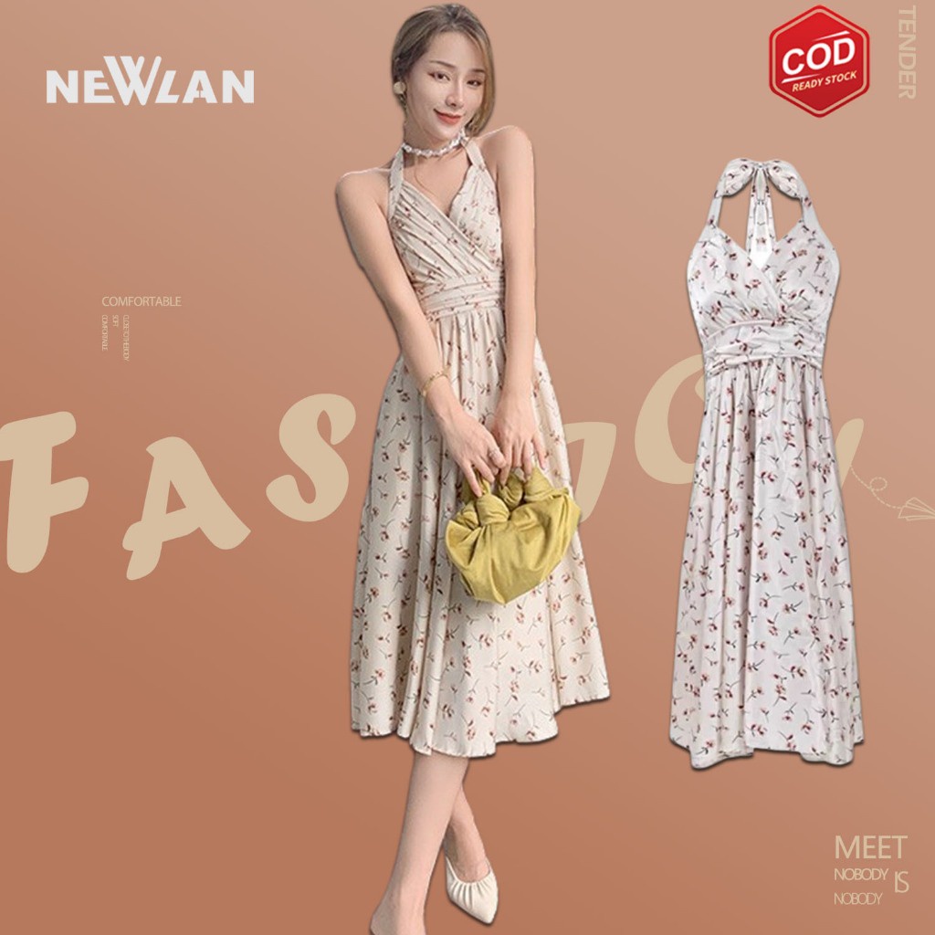 Newlan QZ106 Long Dress Wanita leher halter Casual Dress Overall Floral Korean Dress Vintage Dress S