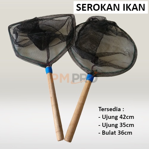 Jaring Seser Bulat Dan Segilima Gagang Kayu / Serokan Ikan Kain Strimin Super Kuat Besar Kecil Yang 