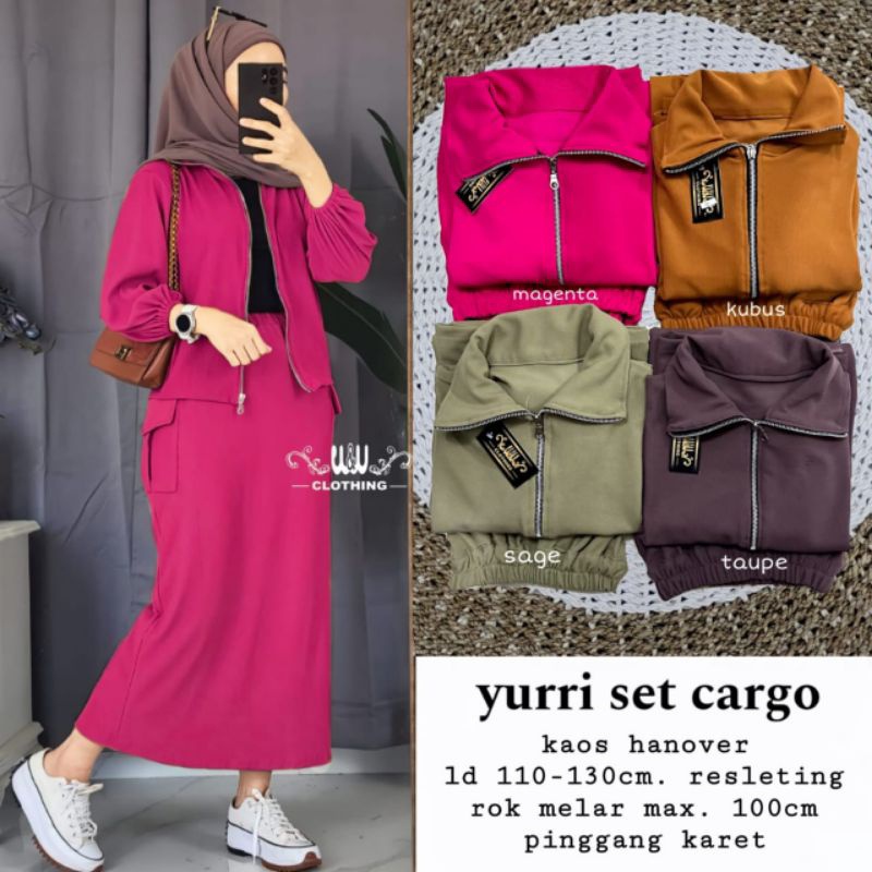 YURRI SET CARGO KEKINIAN SETELAN WANITA RAJUT JUMBO OUTER HOODIE MIX ROK CARGO KAOS RAJUT HANOVER