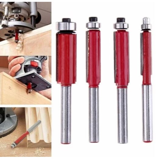 Mata Trimmer Flush Trim Straight Bearing Bit SET 4 Pcs Mata Pisau Mesin Profil Mini Router Bering