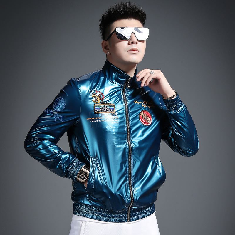 Trendy embroidered glossy flying jacket for men's trendy slim fit lapel casual jacket