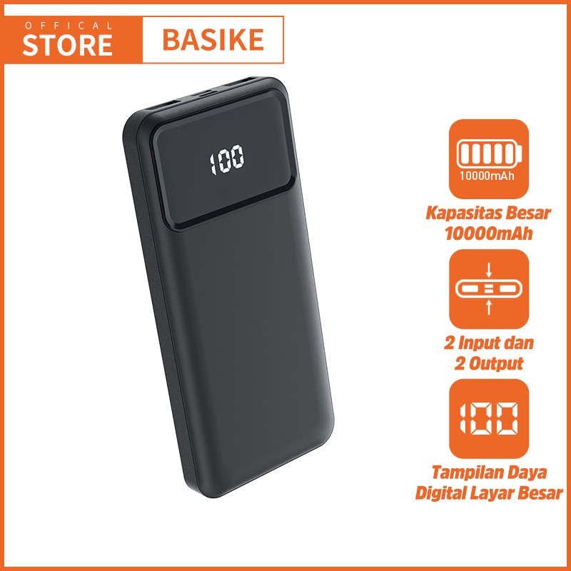 COD BASIKE Powerbank 20000 mah 10000 mah fast charging type c mini murah power bank dual usb Black- 