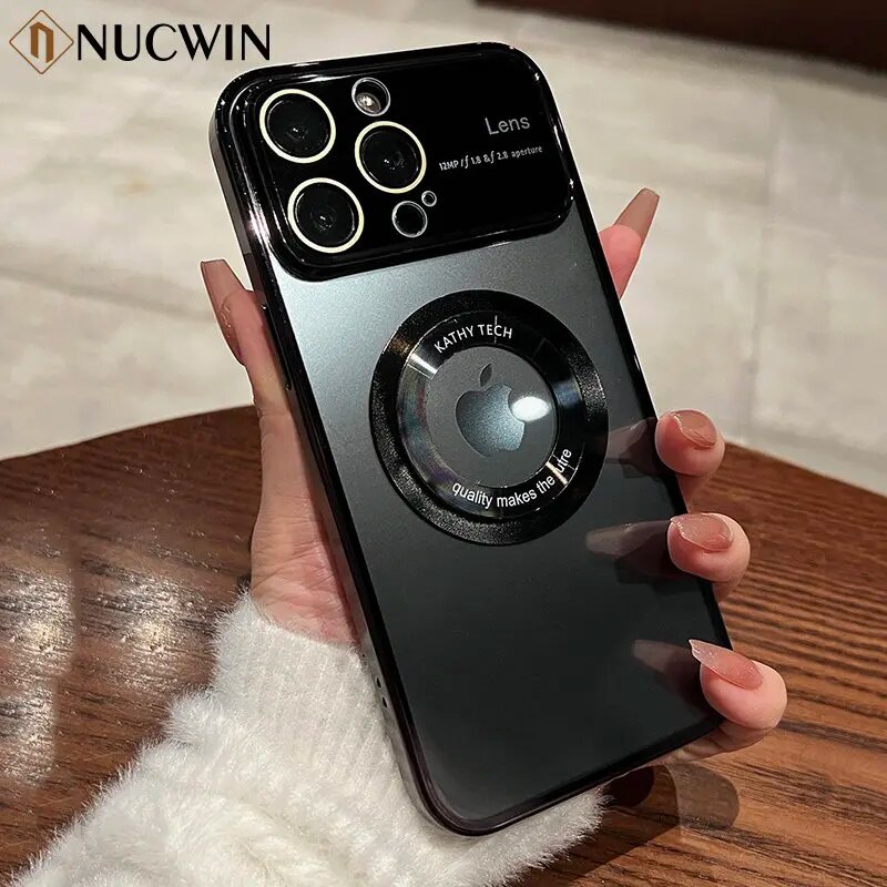 Case Logo akrilik Case iPhone 12 13 14 Pro Max 14 Plus pelindung elektroplating transparan jendela b
