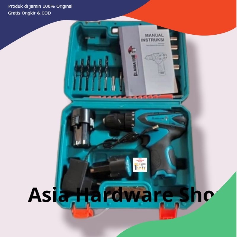 Mesin Bor Cordless Impact Drill Reversible 12 Volt Bor 2 Baterai GLADIATOR