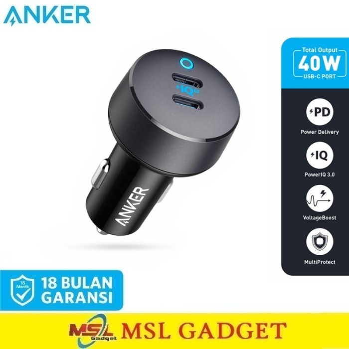 Anker PowerDrive III Duo Car Charger Mobil 40W Dual USB C 20W PD Fast Charging A2724