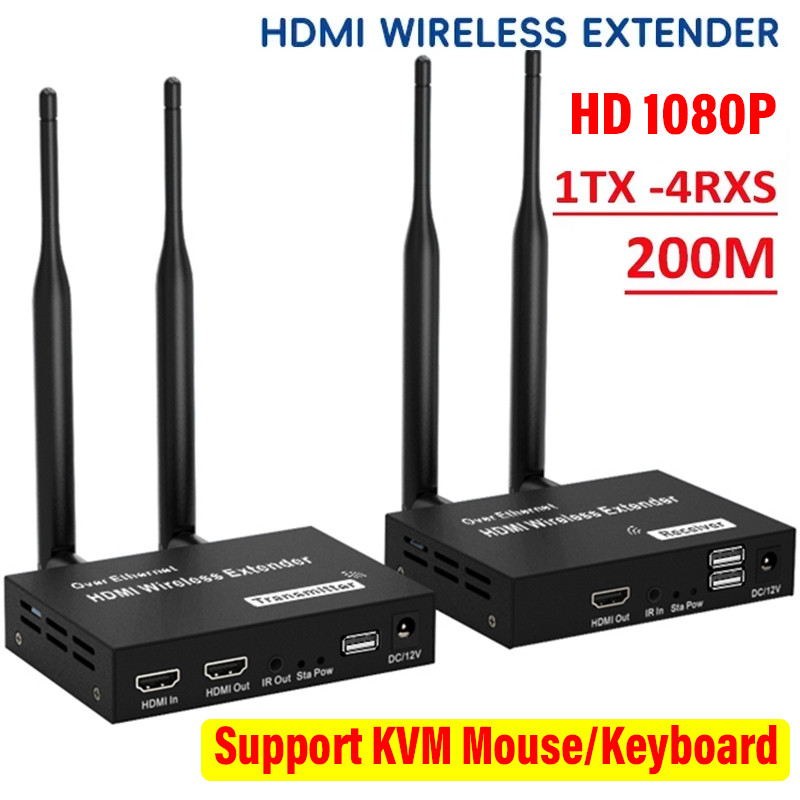 200M 1080P HDMI Wireless Transmitter Receiver Display Dongle Extender AV Adapter With IR KVM for PC 