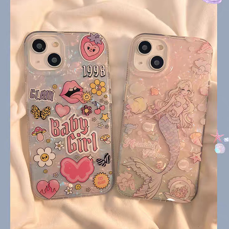 Kartun Manis Putri Duyung Lucu Berwarna Merah Muda Kreatif Kupu-kupu Bunga Doodle Case Kompatibel Un