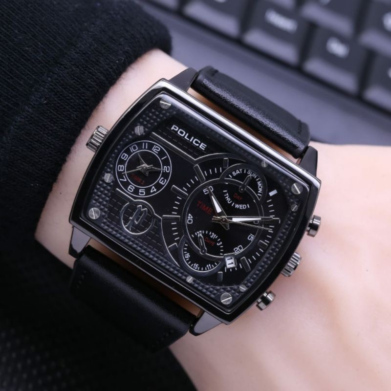 Spesial Jam Tangan Pria Police Dualtime Fashion Cowok Analog Sporty Tanggal On Tali Kulit Model Best