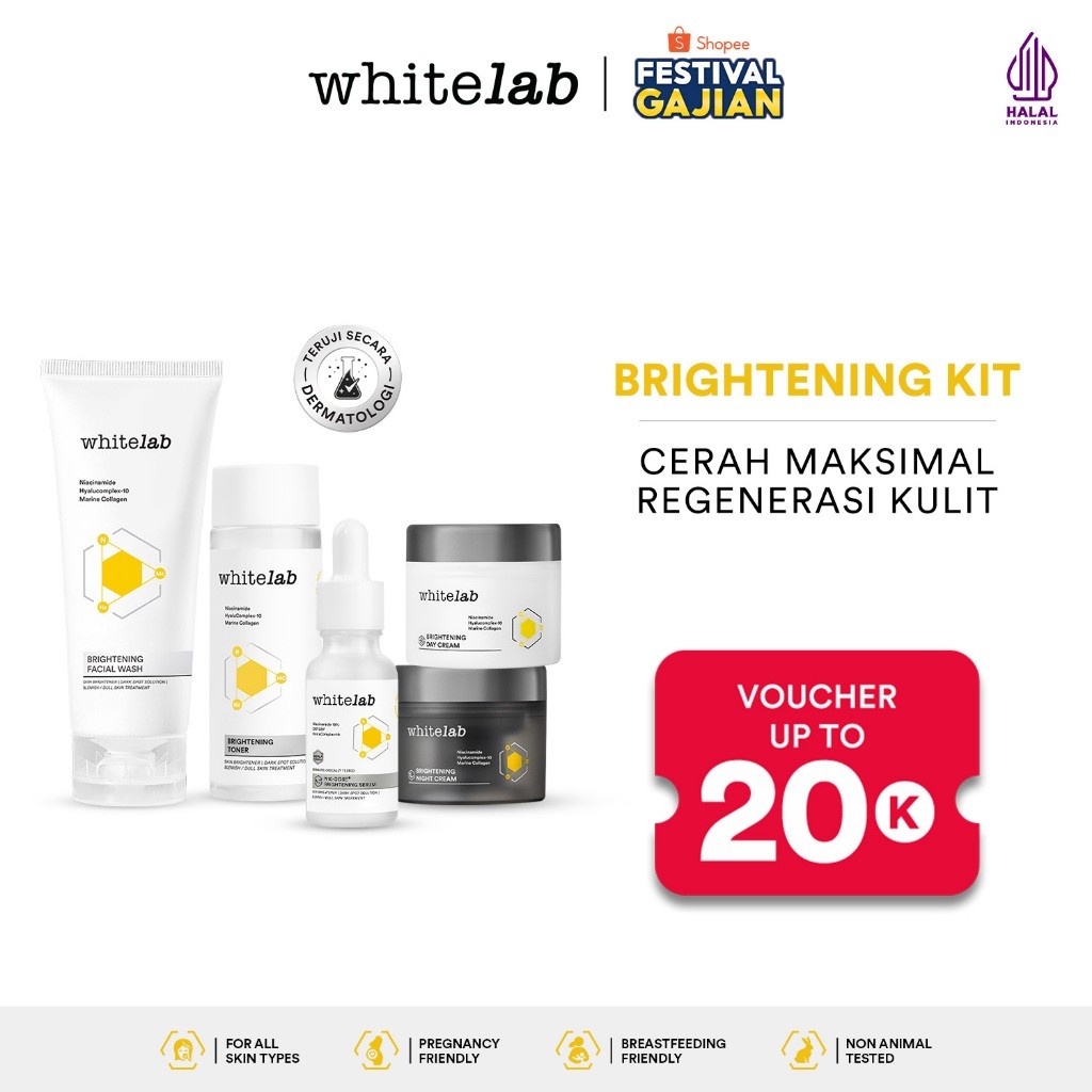 Skincare Set Whitelab 5pcs Brightening Paket Wajah - Facial Wash, Toner, Serum, with Day & Night Cre