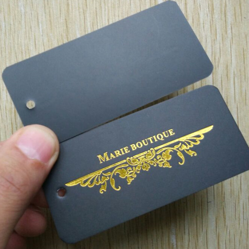 

500pcs Custom 400GSM Black paper tags hot stamping 4 * 8.5 cm Golden foil swing Hang tag