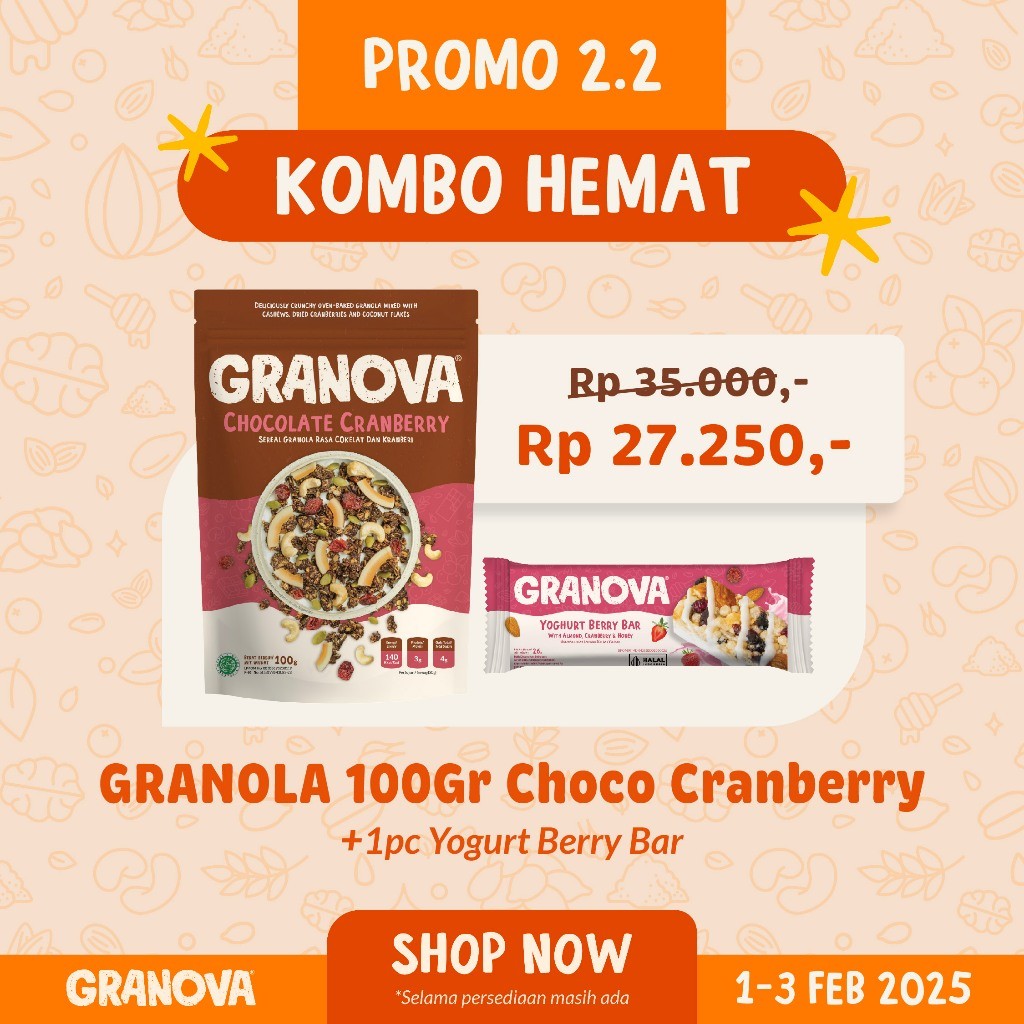 

Granova - Granola Chocolate Cranberry (Coklat & Kranberi) 100gr / 270gr - Sereal, Sarapan Sehat, Halal