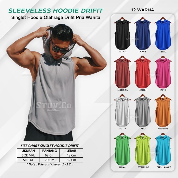 Hoodie Singlet Pria Tanpa Lengan Sleeveless Tank Top Olahraga Gym Lari - POLOS "M/L", Hitam