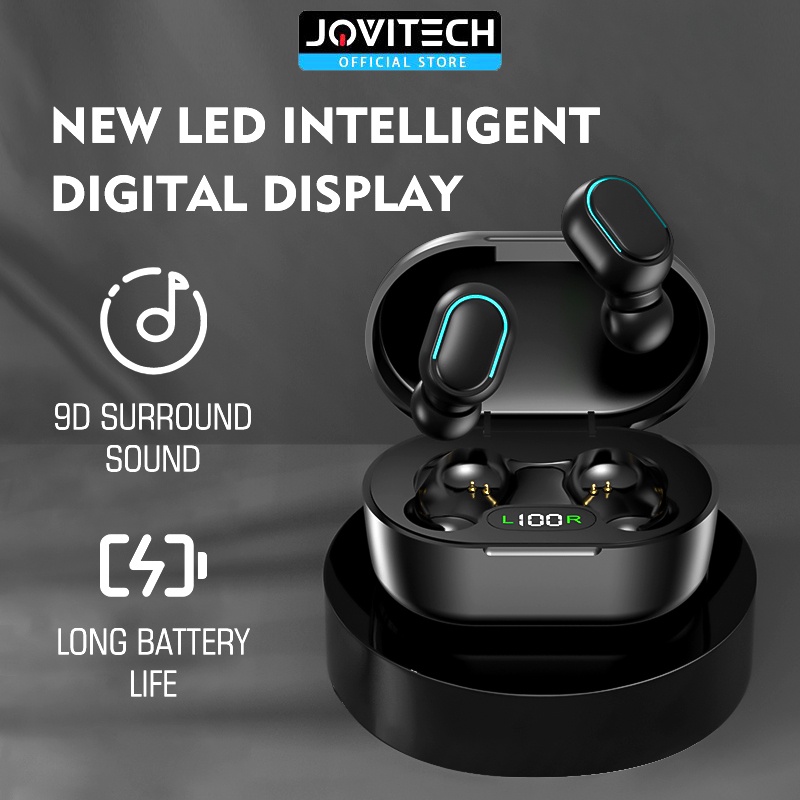 COD Jovitech TWS Earphone Bluetooth Wireless Earbuds Digital Click Button LED Display Waterproof - T