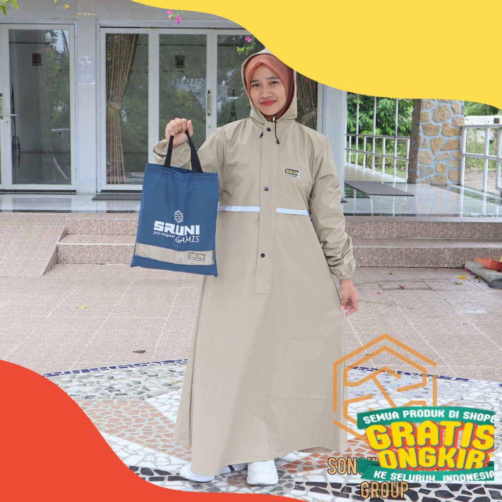 JAS HUJAN GAMIS WANITA MUSLIMAH SETELAN SRUNI ORIGINAL ANTI REMBES BAHAN TEBAL KUAT MANTEL PRIA WANI