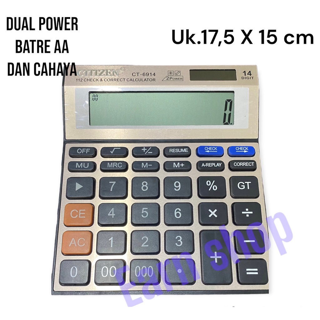 

KALKULATOR CITIZEN CT-6914 14 DIGIT DUAL POWER UKURAN BESAR