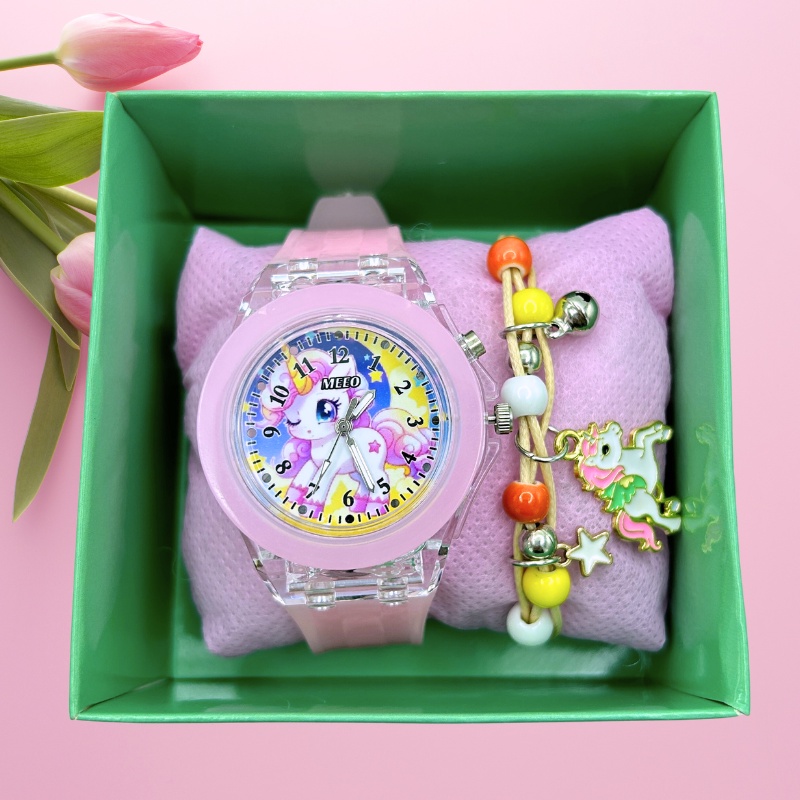 【Set Kado】  jam anak tk perempuan Jam Tangan Anak unicorn Fashion Baru Warna LED Bercahaya Jam Tangan Kartun Gadis Berkilau