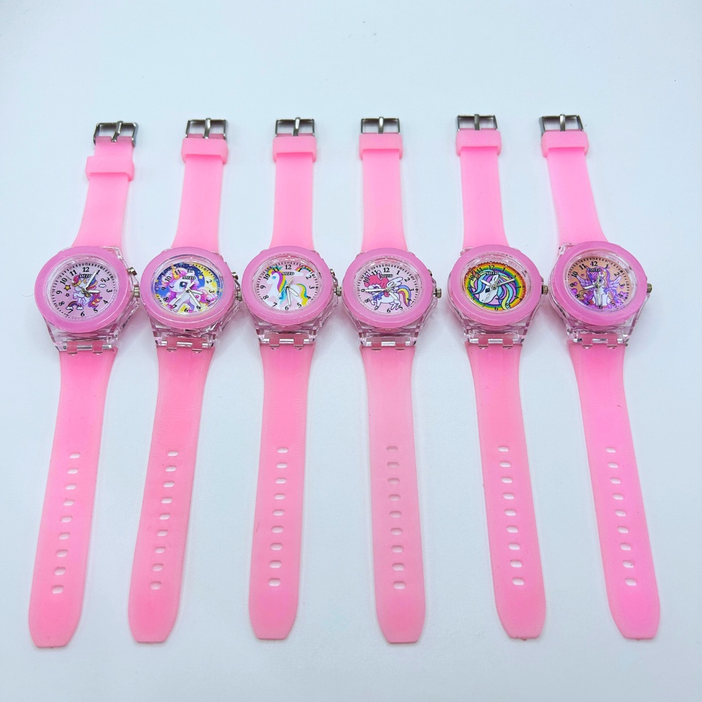 【Set Kado】  jam anak tk perempuan Jam Tangan Anak unicorn Fashion Baru Warna LED Bercahaya Jam Tangan Kartun Gadis Berkilau