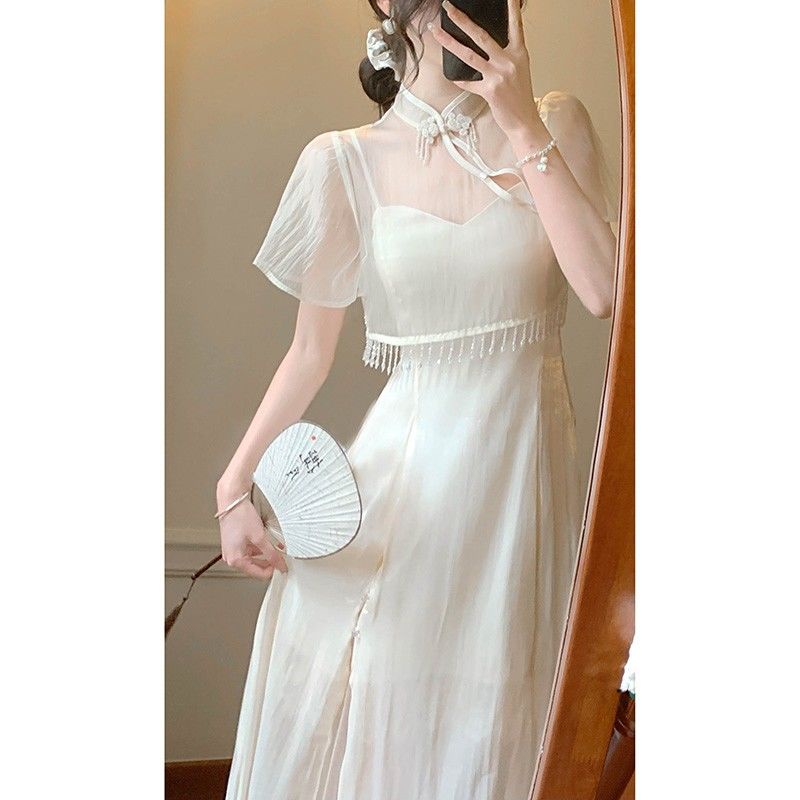 etro and improved cheongsam, French style, stunning, niche heavy industry suspender dress