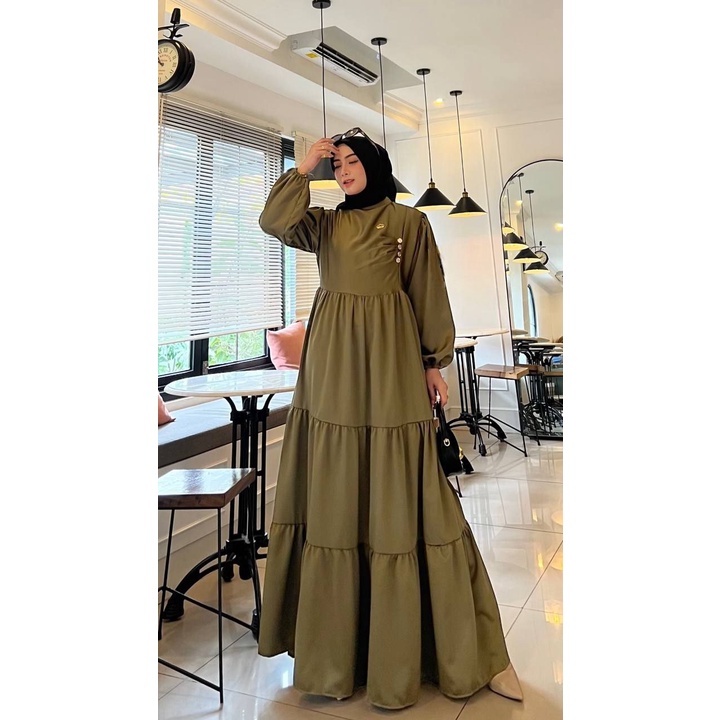 Shella Gamis Terbaru Armani Silk Dress Wanita Lengan Panjang Baju Muslim Ruffe Polos Kekinian LD 110 cm