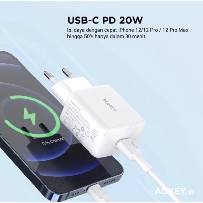 CHARGER AUKEY PD CHARGER 20W FAST CHARING USB-C ORIGINAL IPHONE 12/13