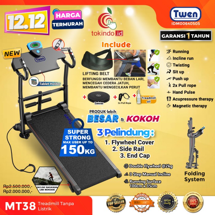 Twen MT38 Treadmill Manual - Alat Fitness Multifungsi dengan Kapasitas 150 kg dan Layar LCD