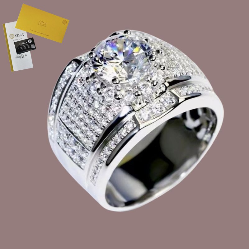 Termasuk sertifikat GRA D Color Moissanite Cincin Pria 925 Perak