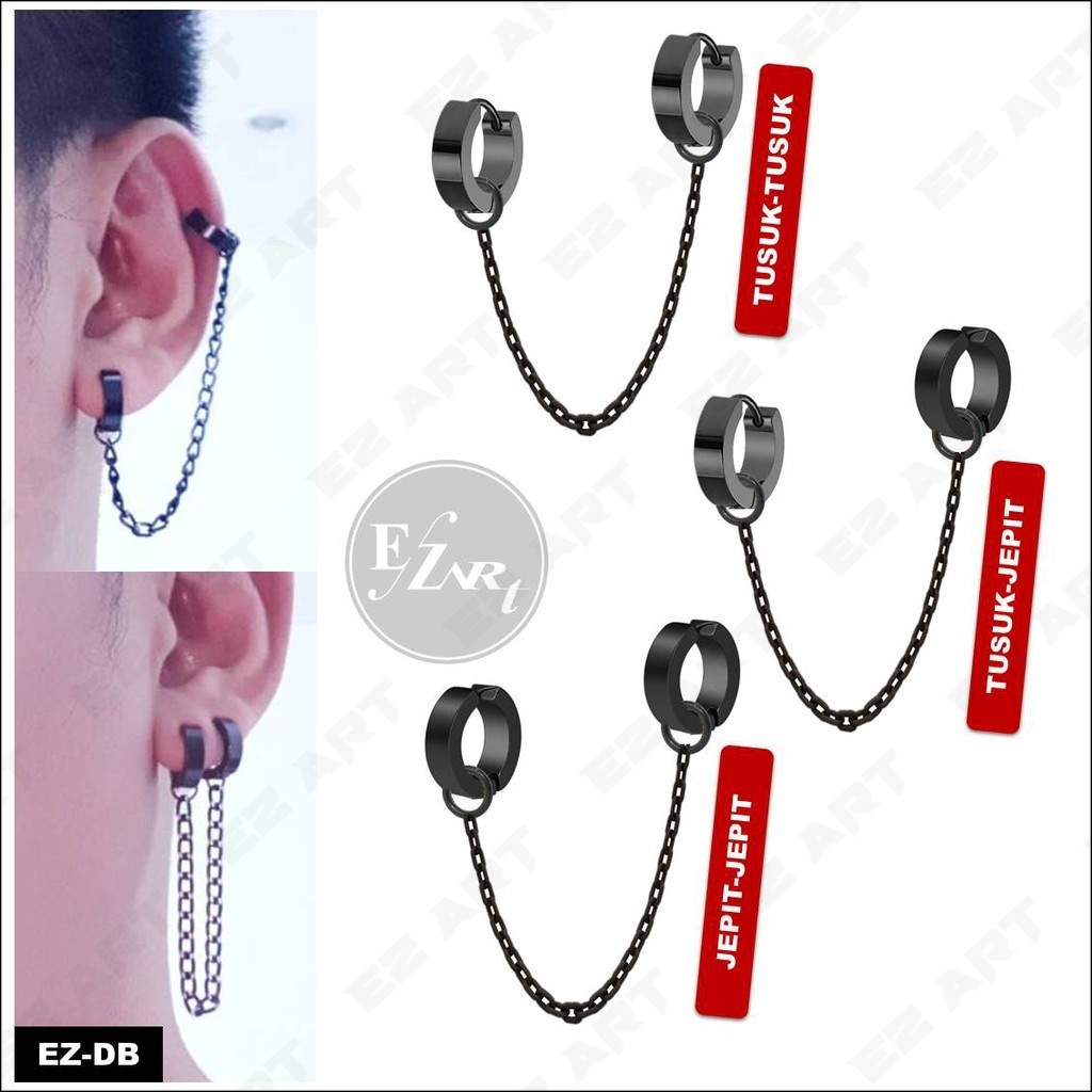 1Pc Model EZ-DB DOUBLE GANDA Black Hitam Anting Pria dan Wanita Jepit Tusuk Variasi Rantai [EZArt]