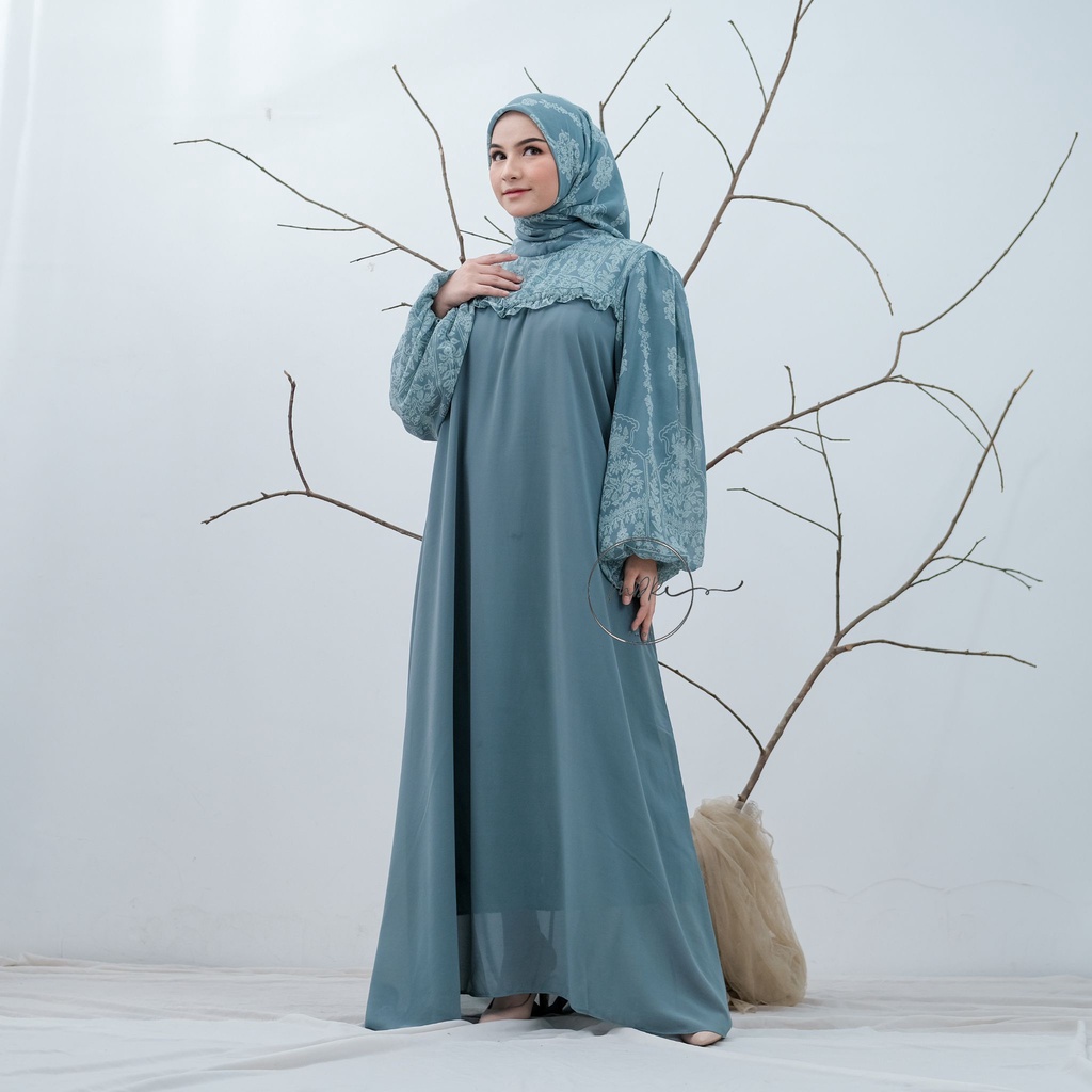 Sabiyah Dress Set Hijab Segiempat Jumbo Motif Bunga Bahan Ceruty Baju Gamis Wanita Lebaran