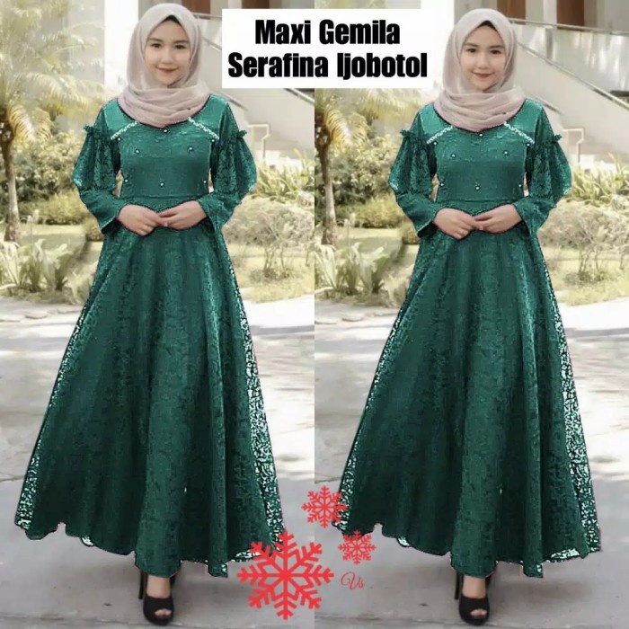 Gamis Brukat Mewah Ukuran S-XXL Baju Pesta Muslim Kualitas  - Ijo Botol, S/M