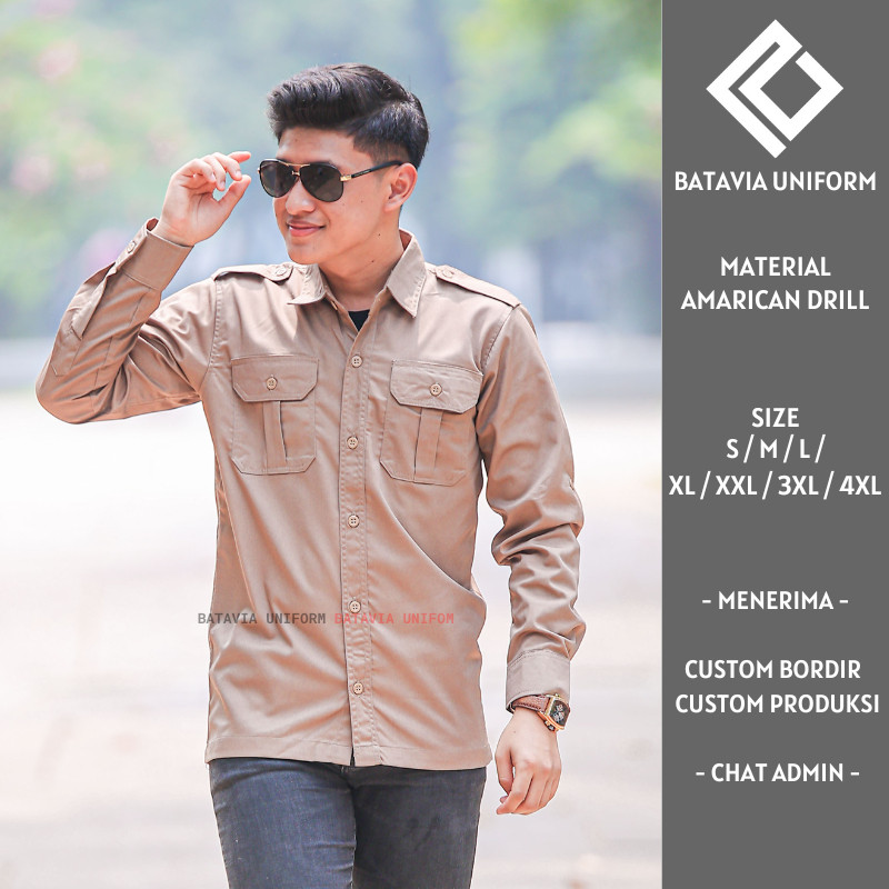Baju PDL Pria Lengan Panjang - Kemeja Seragam Kerja Dinas Lapangan PDL PDH Khaki Bahan American Dril