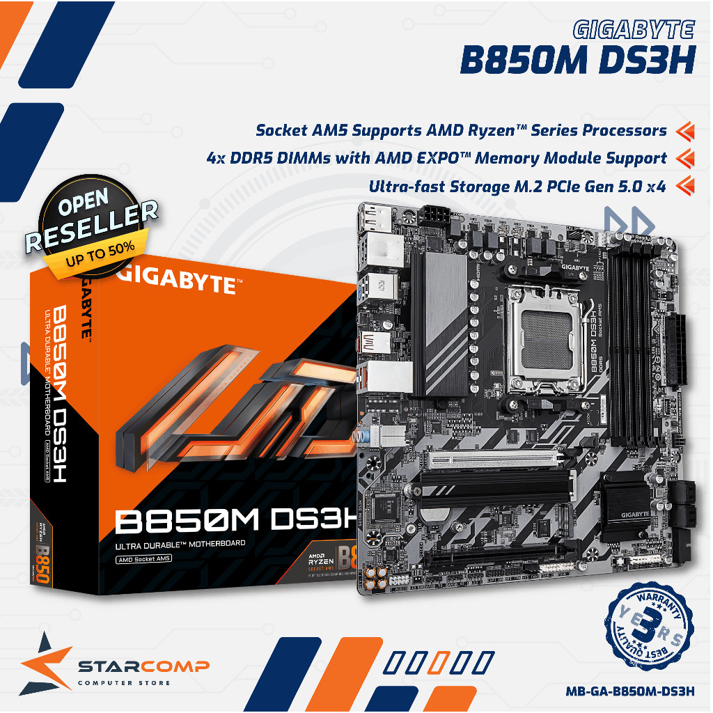 GIGABYTE B850M DS3H Motherboard AMD AM5, AMD B850, DDR5, USB3.2 Type-C, SATA3
